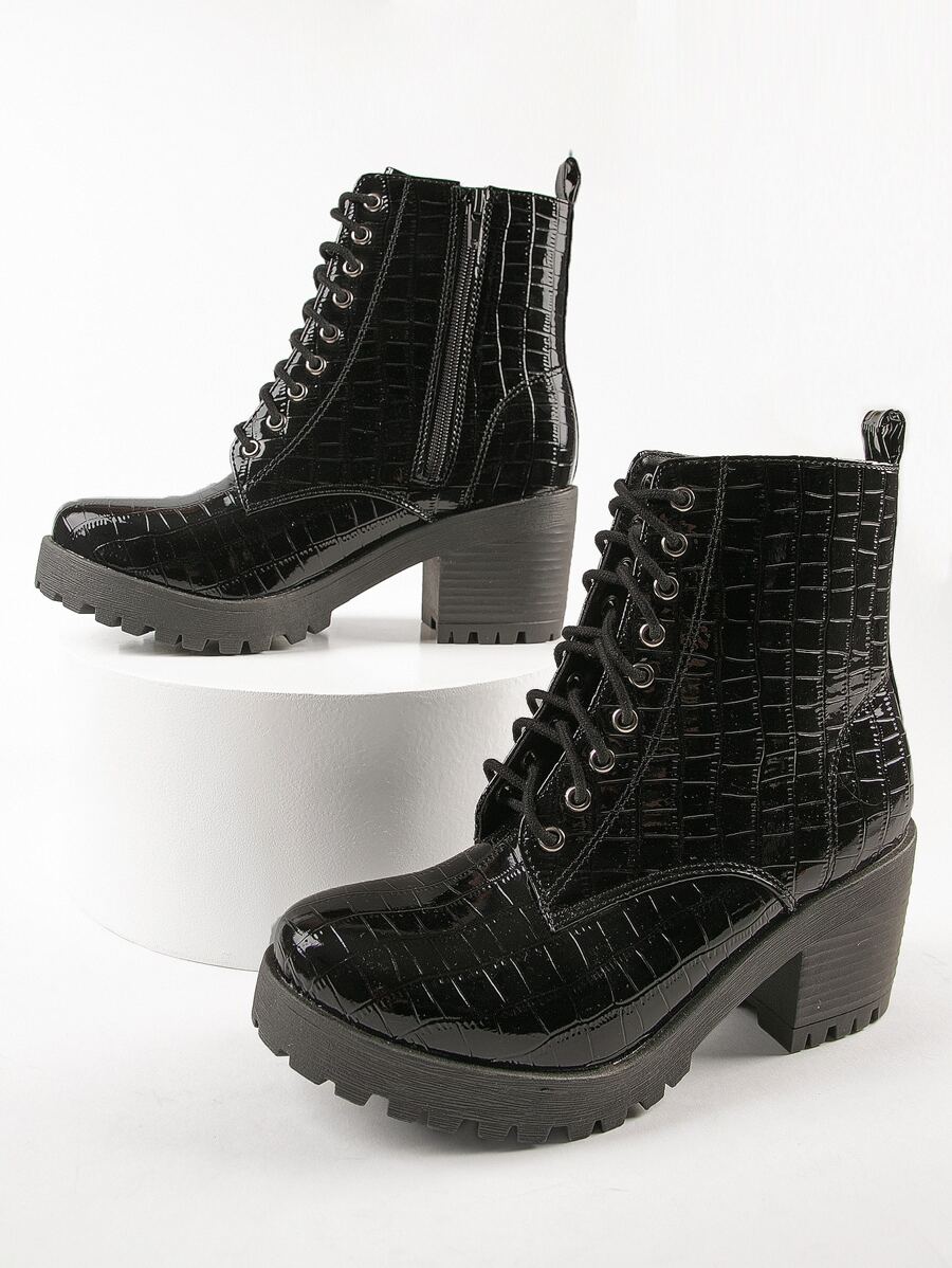 Croc Patent Leather Block Heel Boots
