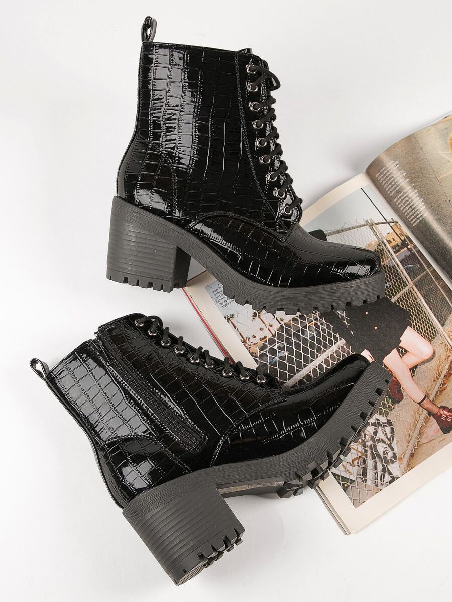 Croc Patent Leather Block Heel Boots
