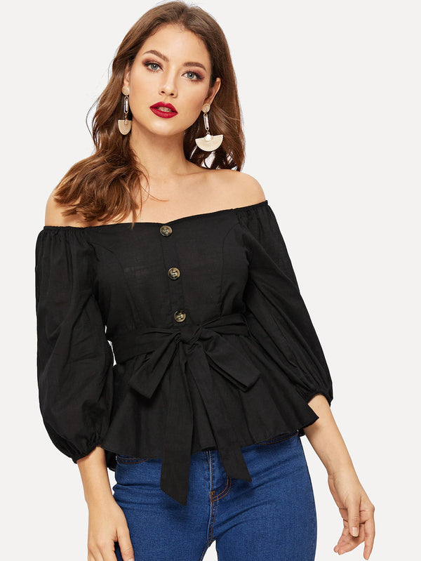 Off Shoulder Tie Wast Peplum Top Flex Theme Trending