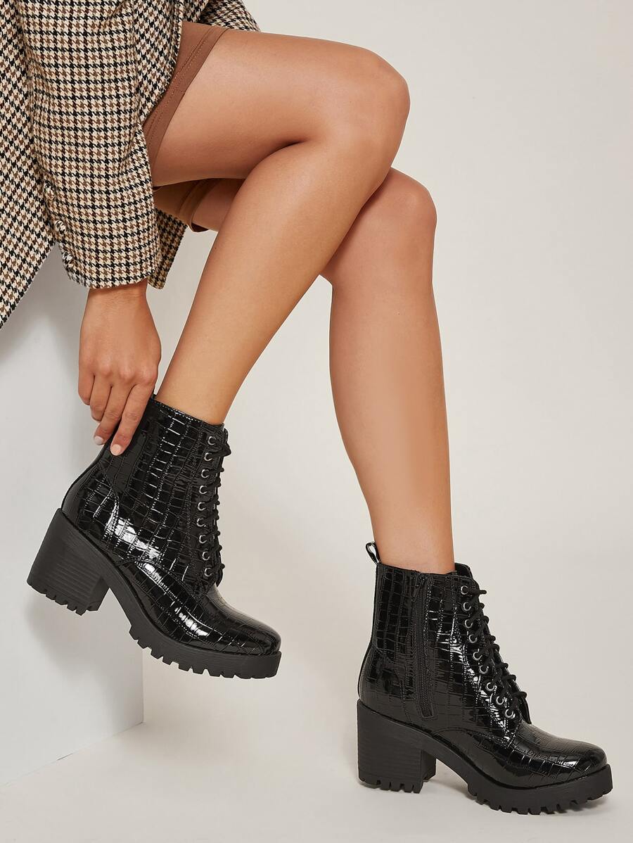 Patent chunky heel boots best sale