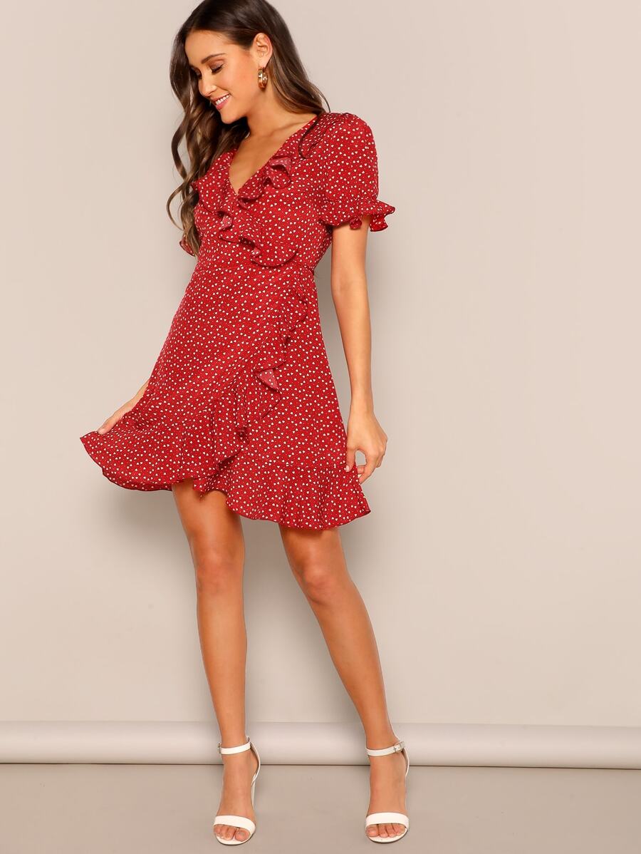 Heart Print Ruffle Wrap Dress