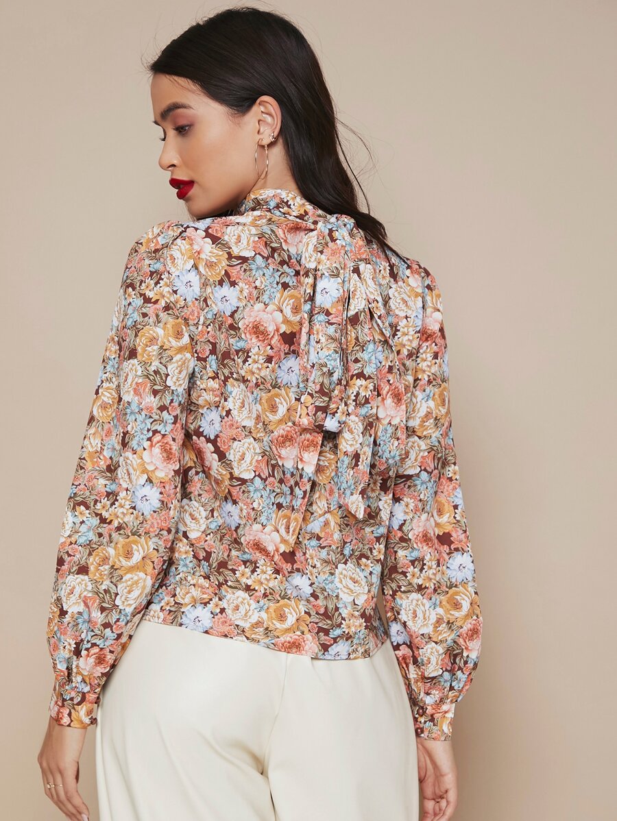 High Neck Lantern Sleeve Floral Top