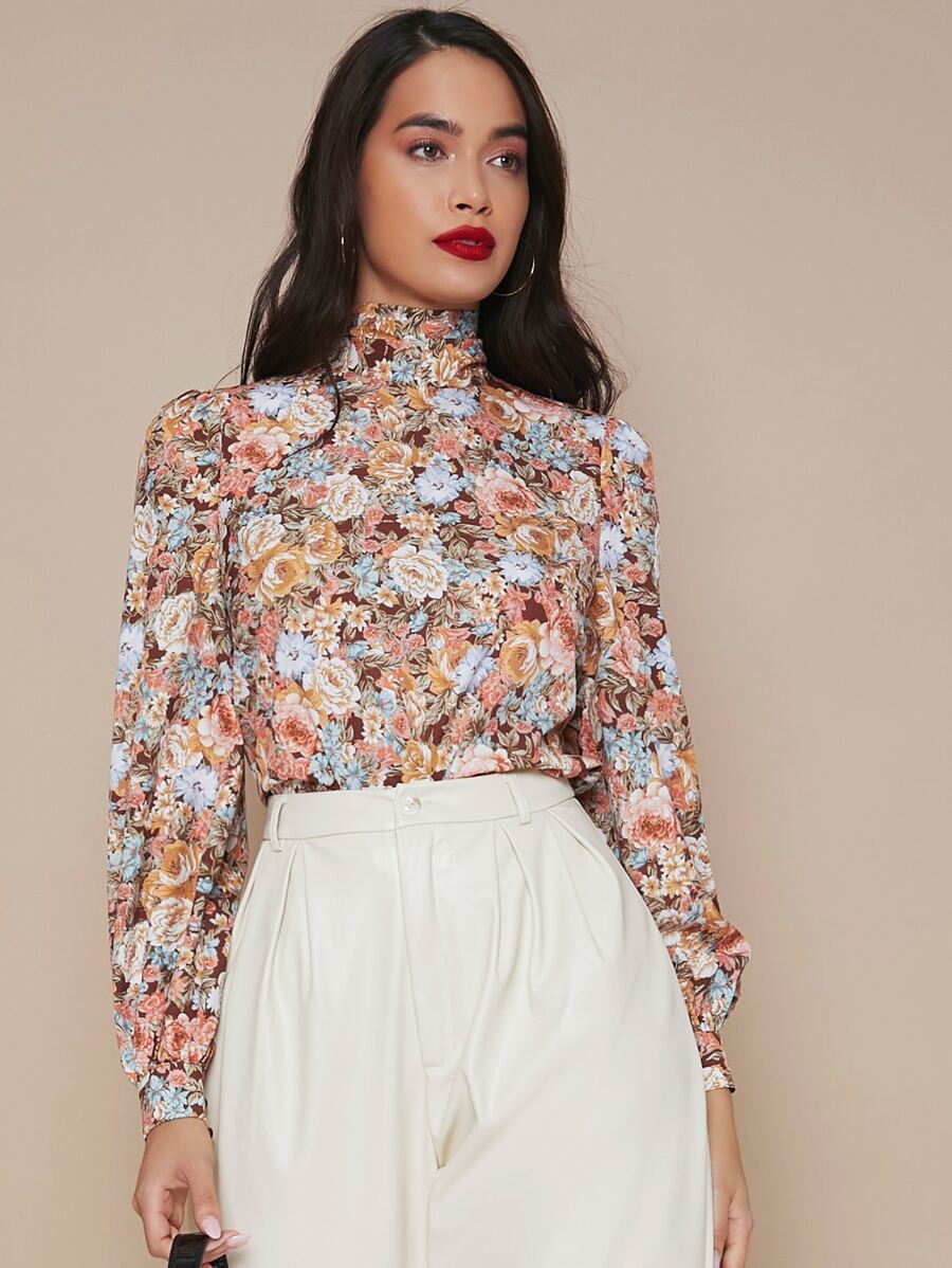 High Neck Lantern Sleeve Floral Top