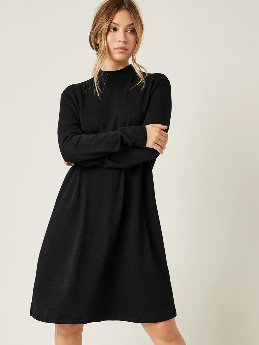 mock neck skater dress Mock Neck Rib Knit Skater Dress in Black