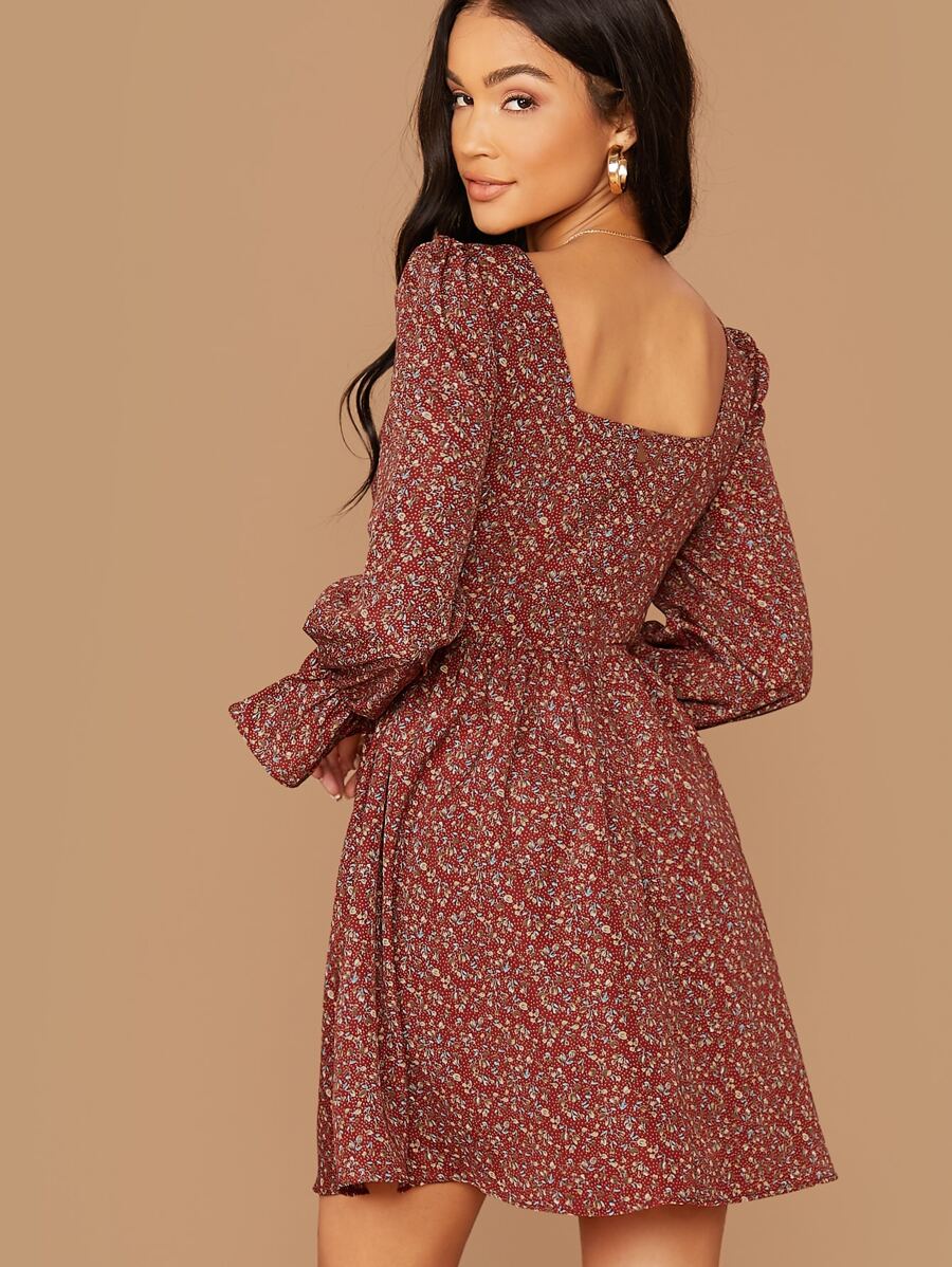 Square Neck Ditsy Print Dress