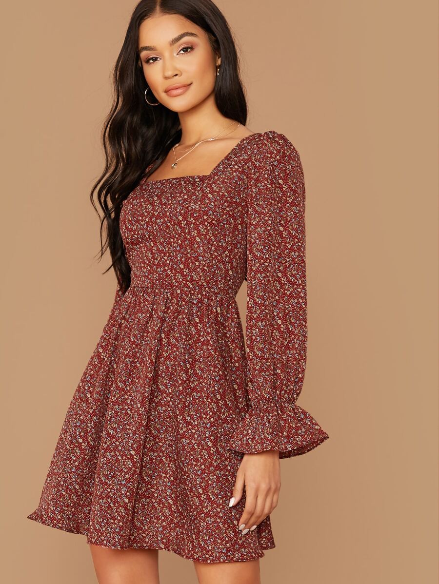 Square Neck Ditsy Print Dress