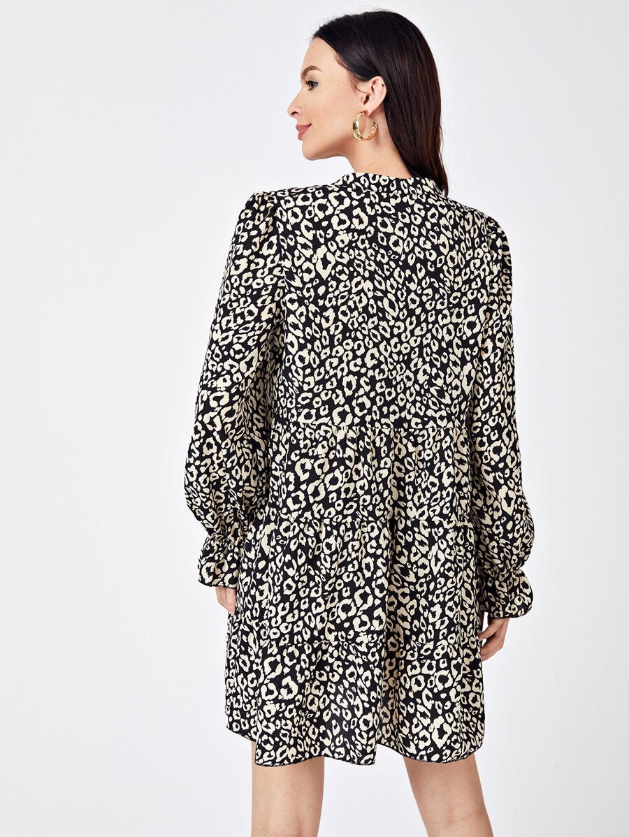 Tie Neck Leopard Print Dress