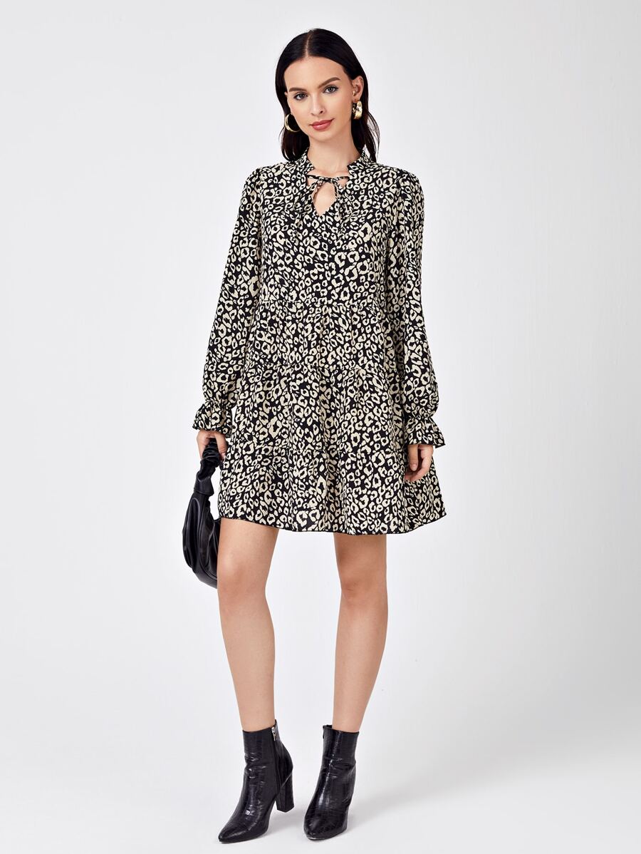 Tie Neck Leopard Print Dress