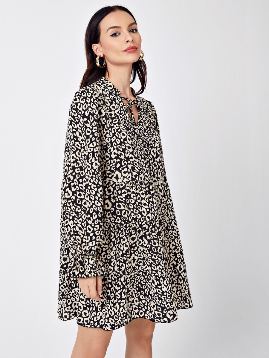 Tie Neck Leopard Print Dress