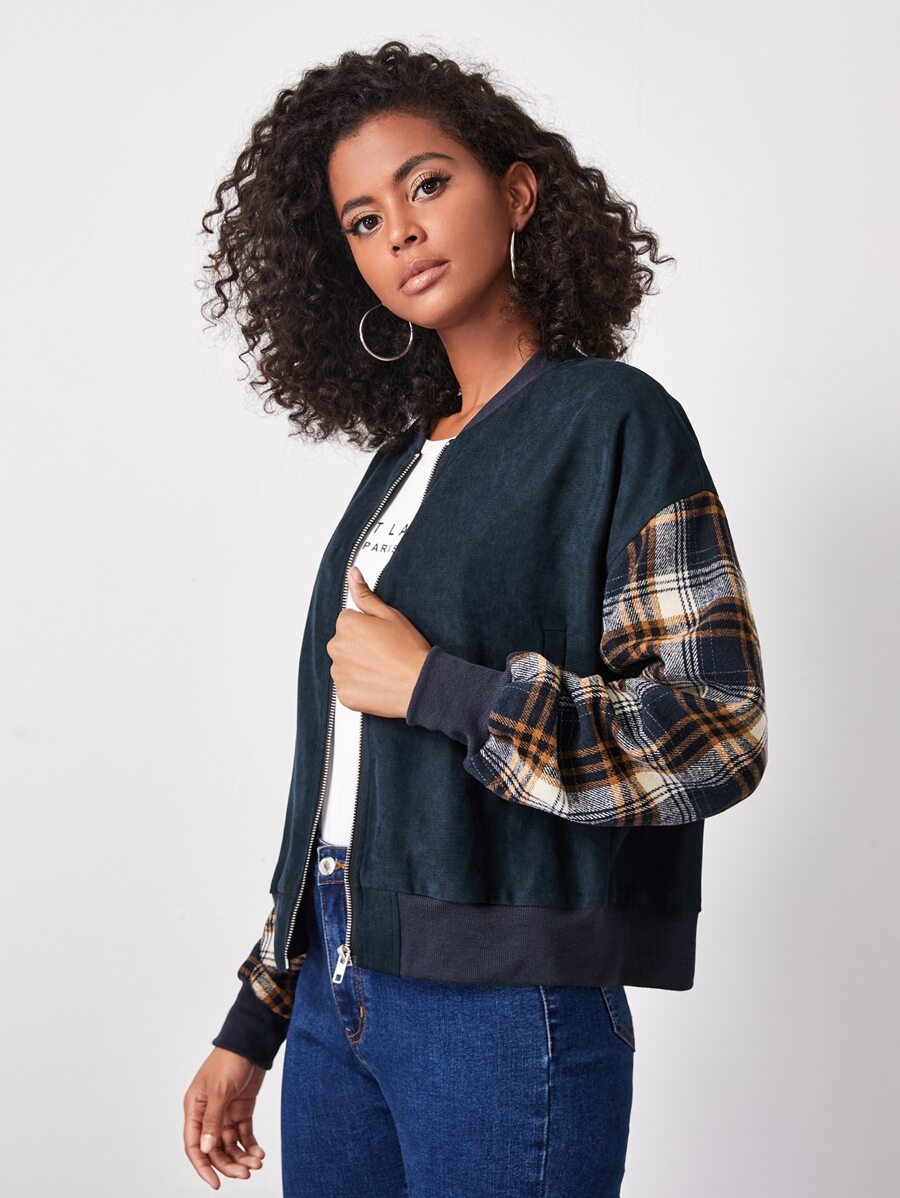 Tartan Sleeve Bomber Jacket