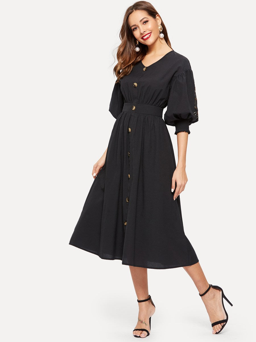 Embroidered Bishop Sleeve Dress