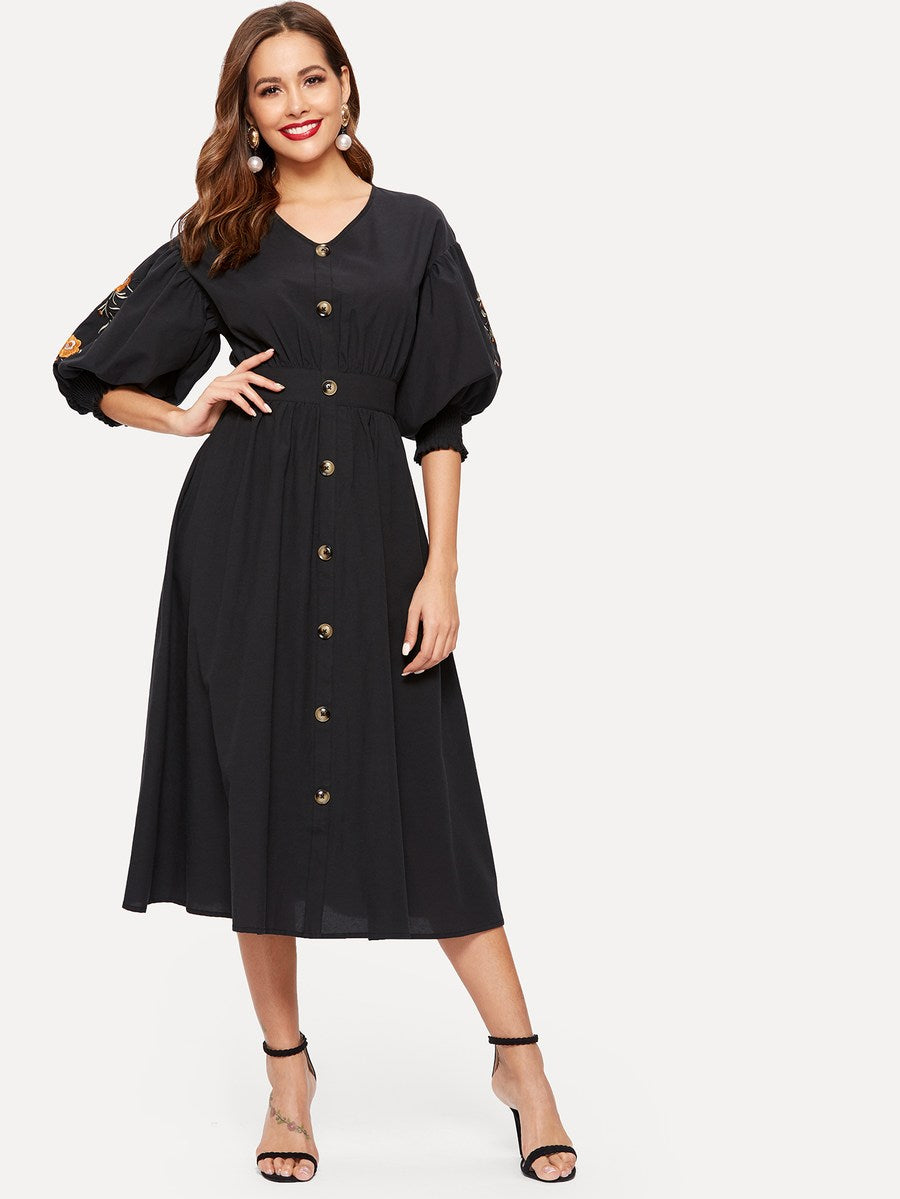 Embroidered Bishop Sleeve Dress