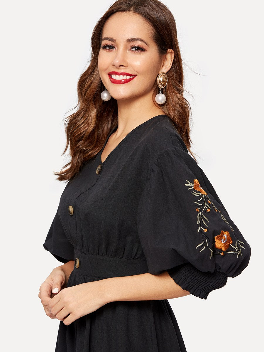 Embroidered Bishop Sleeve Dress