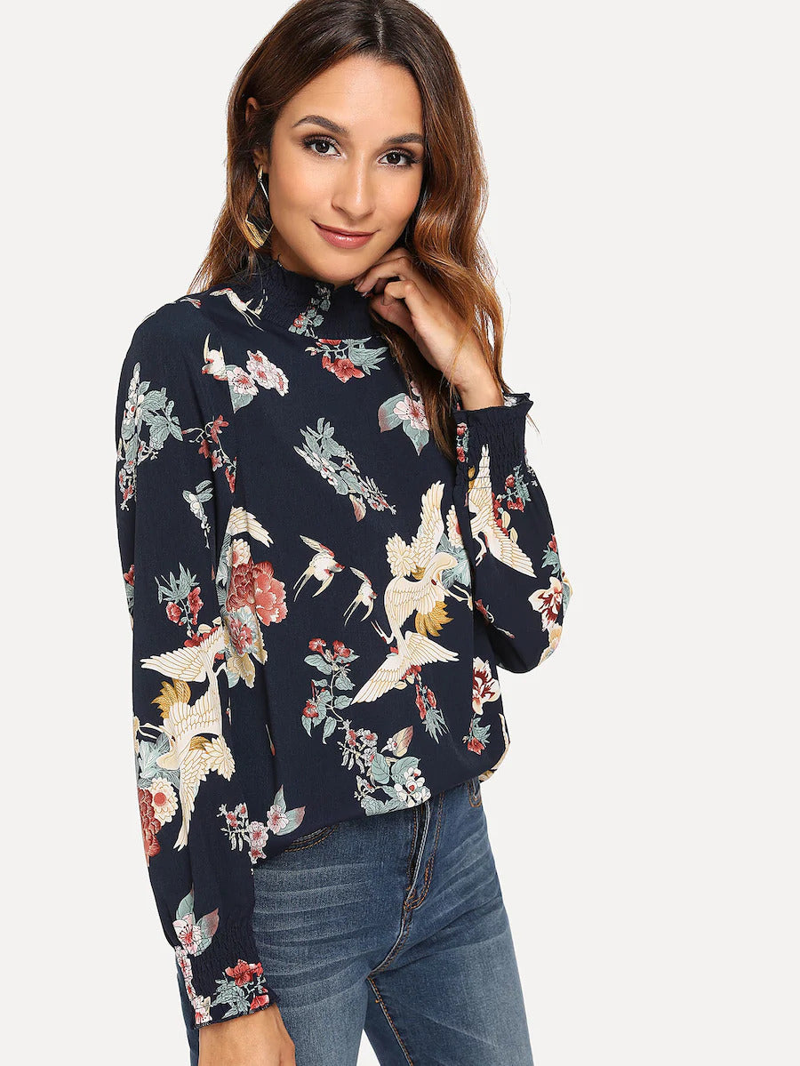 Floral Print Lettuce Trim Blouse