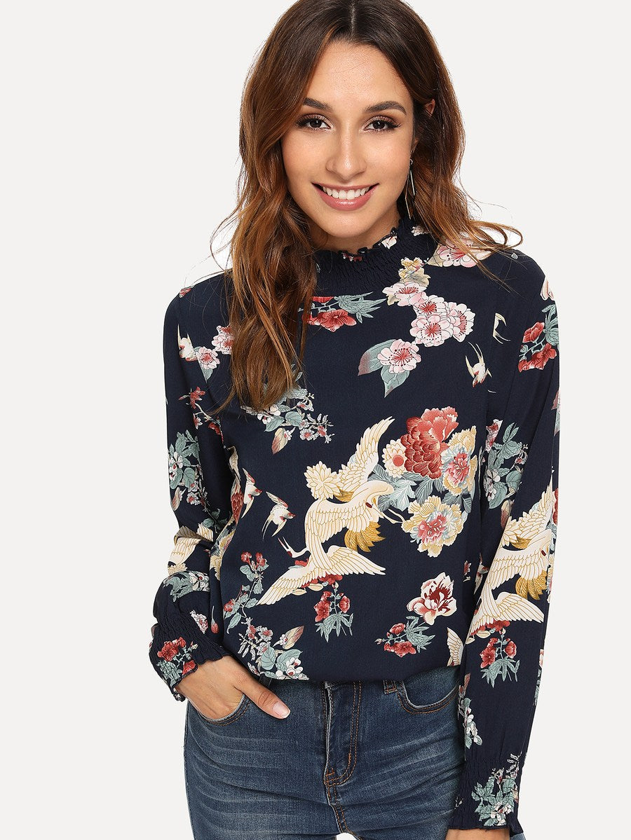 Floral Print Lettuce Trim Blouse