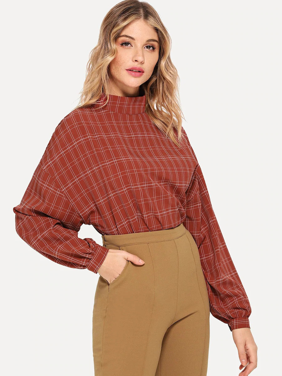 Mock Neck Plaid Top