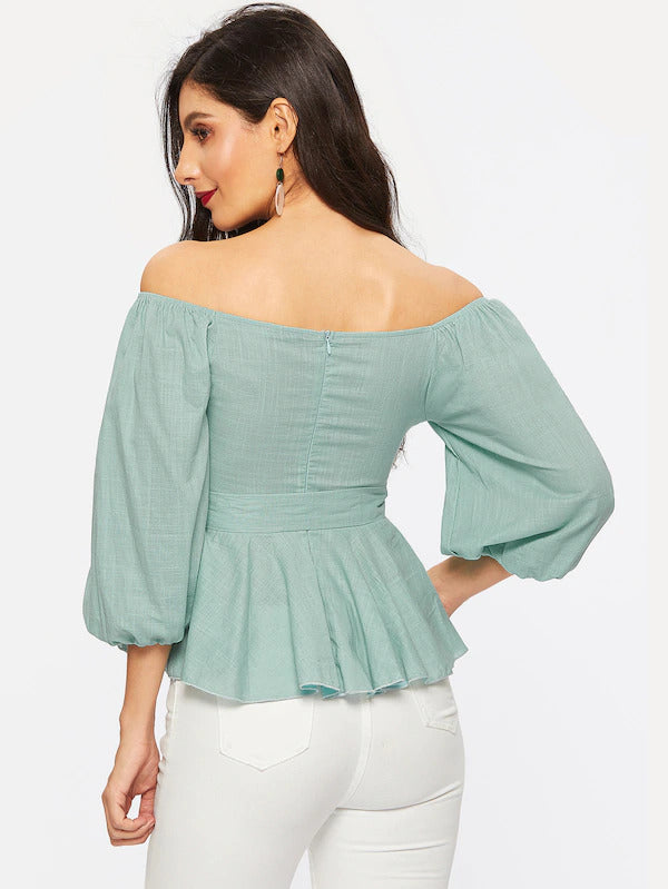 Off Shoulder Tie Wast Peplum Top