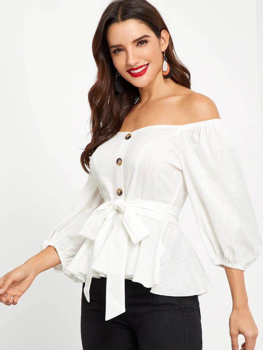 White off the shoulder peplum top best sale
